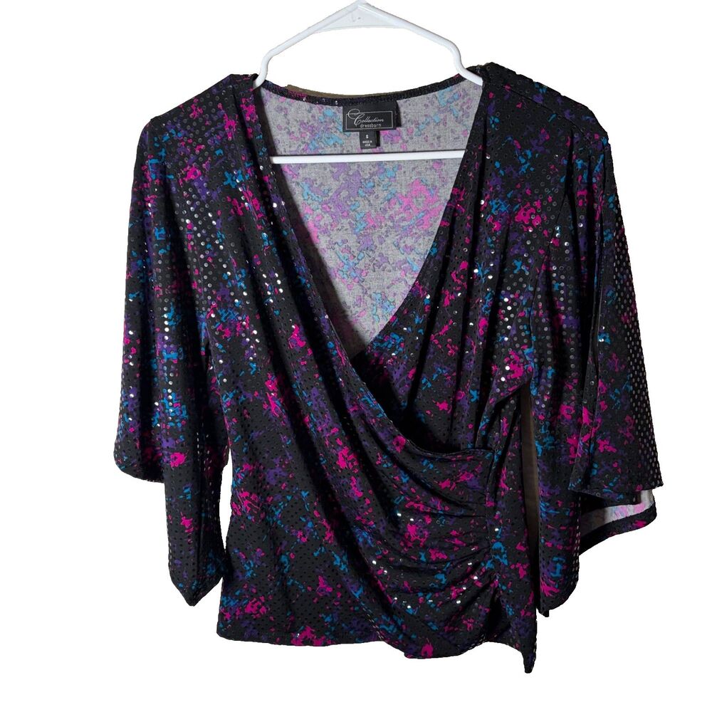 Dressbarn Collection Blouse Women's Small V-Neck 3/4 Sleeve Dark Sequin Top